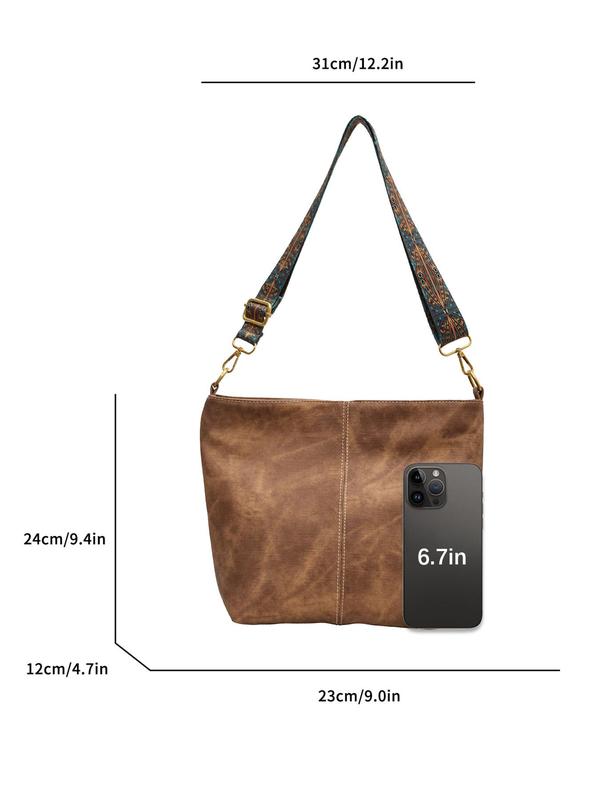 Women's Ethnic Pattern Strap Crossbody Bag, Fashionable PU Leather Bucket Bag, Simple Wide Strap Shoulder Bag for Daily Used