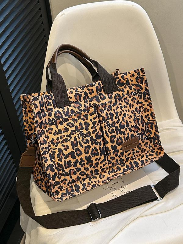 Fashion Leopard Pattern Adjustable Tote Bag, Casual Letters Patched Decor Shoulder Bag for Women, Trendy All-match Commuter Bag
