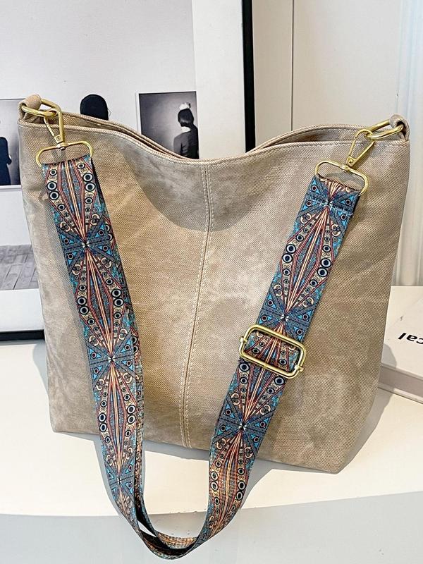 Women's Ethnic Pattern Strap Crossbody Bag, Fashionable PU Leather Bucket Bag, Simple Wide Strap Shoulder Bag for Daily Used