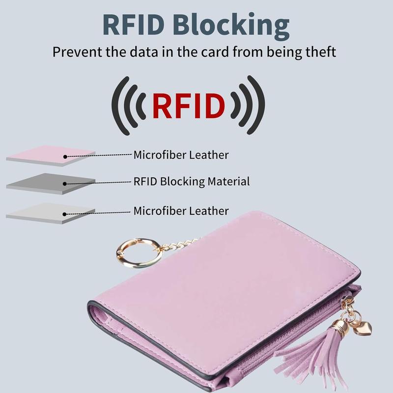 Small Wallet Women RFID Blocking Leather Credit Card Wallet with ID Window and Zippered Coin Pocket Tassel Cute Wallet