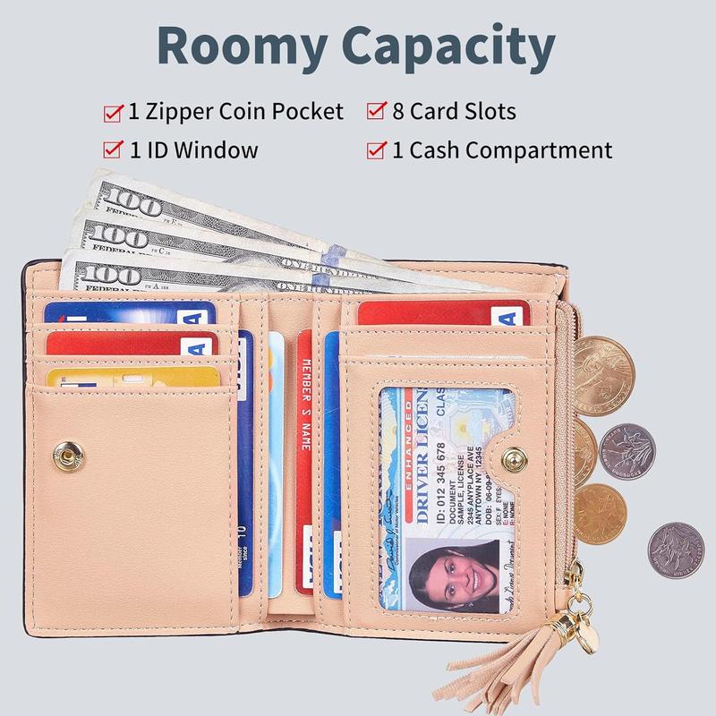 Small Wallet Women RFID Blocking Leather Credit Card Wallet with ID Window and Zippered Coin Pocket Tassel Cute Wallet