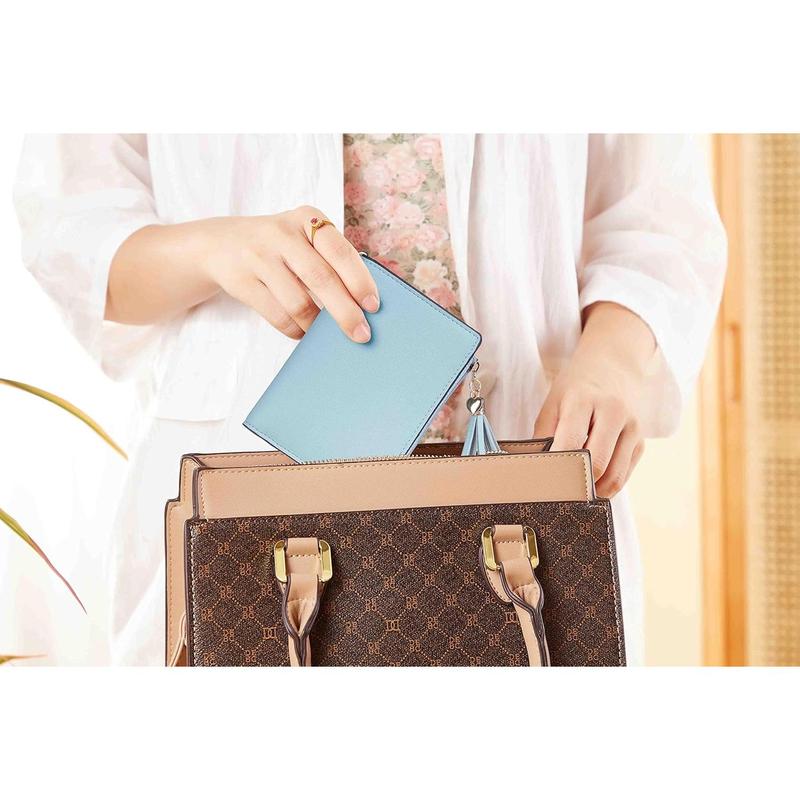 Small Wallet Women RFID Blocking Leather Credit Card Wallet with ID Window and Zippered Coin Pocket Tassel Cute Wallet