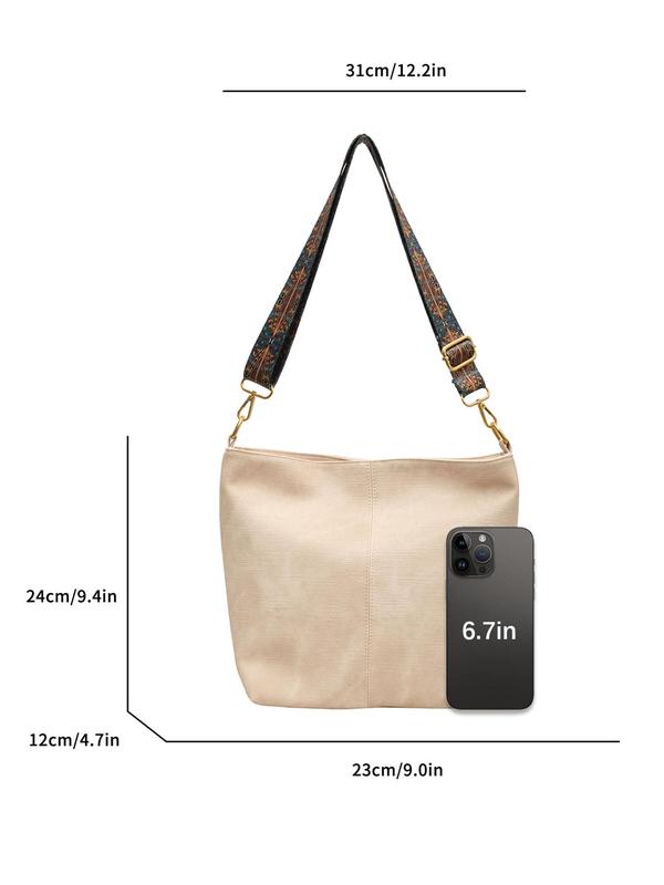 Women's Ethnic Pattern Strap Crossbody Bag, Fashionable PU Leather Bucket Bag, Simple Wide Strap Shoulder Bag for Daily Used