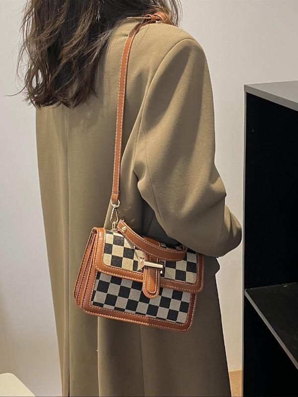 Women's Checkerboard Pattern Contrast Binding Design Handbag, Fashionable PU Leather Shoulder Bag for Daily Used, Casual Trendy Versatile High-quality Daily Commuting Bag