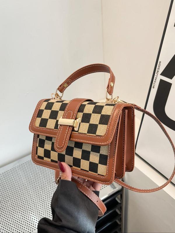 Women's Checkerboard Pattern Contrast Binding Design Handbag, Fashionable PU Leather Shoulder Bag for Daily Used, Casual Trendy Versatile High-quality Daily Commuting Bag