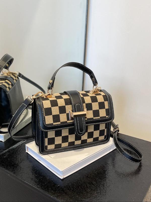 Women's Checkerboard Pattern Contrast Binding Design Handbag, Fashionable PU Leather Shoulder Bag for Daily Used, Casual Trendy Versatile High-quality Daily Commuting Bag