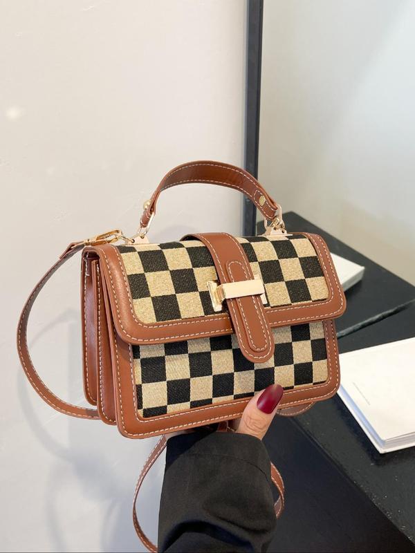 Women's Checkerboard Pattern Contrast Binding Design Handbag, Fashionable PU Leather Shoulder Bag for Daily Used, Casual Trendy Versatile High-quality Daily Commuting Bag