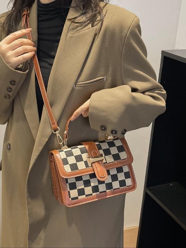 Women's Checkerboard Pattern Contrast Binding Design Handbag, Fashionable PU Leather Shoulder Bag for Daily Used, Casual Trendy Versatile High-quality Daily Commuting Bag