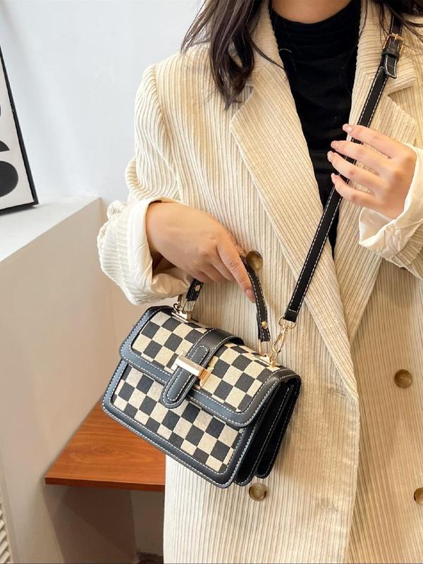 Women's Checkerboard Pattern Contrast Binding Design Handbag, Fashionable PU Leather Shoulder Bag for Daily Used, Casual Trendy Versatile High-quality Daily Commuting Bag