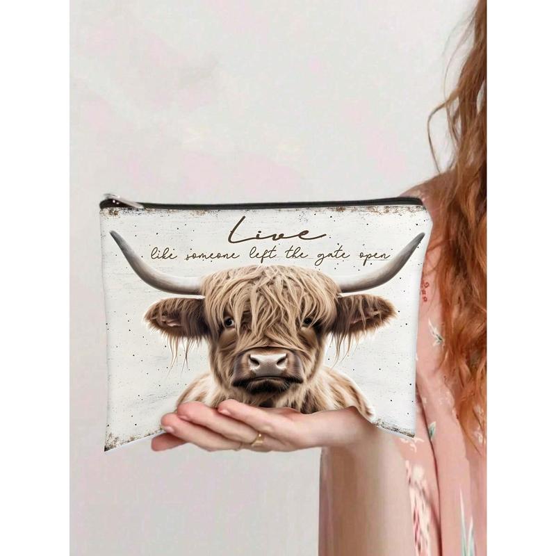 1pc Highland Cow Pattern Print Cosmetic Bag, Western Toiletry Pouch, Cowgirl Accessories, Western Gift Makeup Bag Travel School School Supplies Travel Essentials Make Up Bag Holiday Essentials Holiday Back To School Makeup Bags
