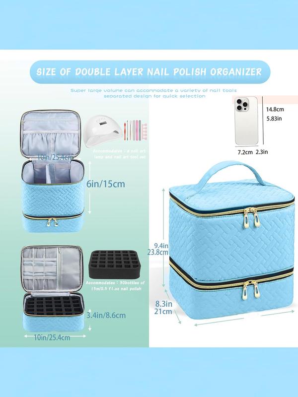 Double Layer Nail Polish Storage Bag, Portable Large Capacity Nail Art Tool Organizer with Adjustable Dividers, Zipper Makeup Bag for Nail Polish, Small Light & Tools