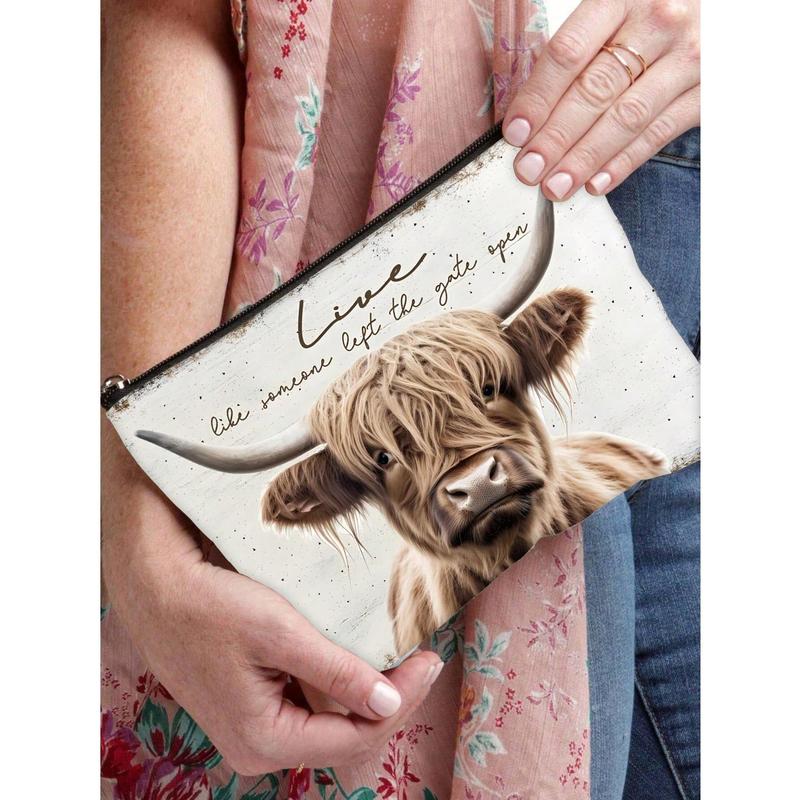 1pc Highland Cow Pattern Print Cosmetic Bag, Western Toiletry Pouch, Cowgirl Accessories, Western Gift Makeup Bag Travel School School Supplies Travel Essentials Make Up Bag Holiday Essentials Holiday Back To School Makeup Bags