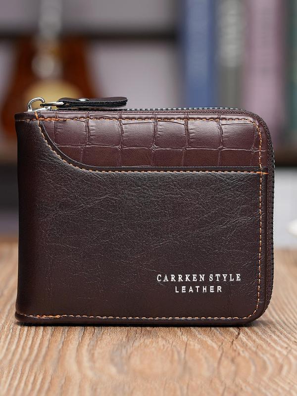 Men's Fashion Letter Design Pu Leather Zipper Short Wallet, Versatile Wallet for Men for Daily Used, Casual Trendy High-quality Daily Commuting Wallet