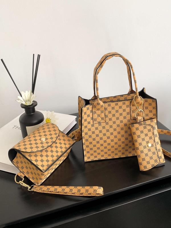 3pcs All Over Print Pu Leather Texture Bag Set, Fashion Versatile Zipper Small Square Handbag with Small Bag Charm, Flip Buckle Clutch Bag, Casual Adjustable Shoulder Strap Crossbody Bag