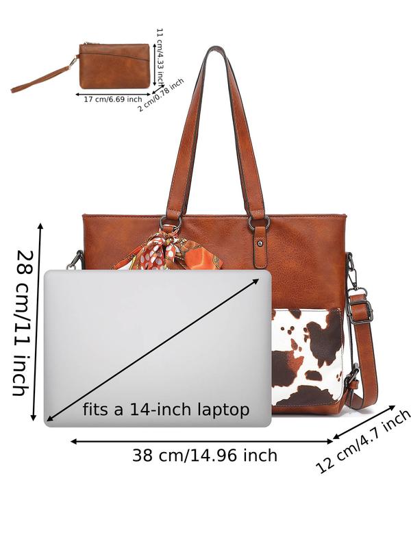 Women's Fashionable Cow Pattern Bow Decorated Tote Bag & Wallet Set, Casual Versatile Shoulder Bag & Wallet Set, Trendy High-quality Daily Commuting Bag Set