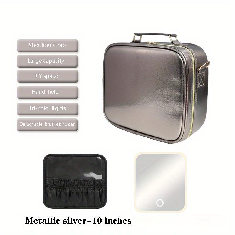 Makeup Bag with LED Mirror, Travel Makeup Case with Rechargeable Lighted Mirror 3 Color Lights, Dual Layer Cosmetic Box Makeup Brush Lipstick Holder Organizer for Women, Leather Black