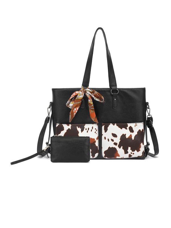 Women's Fashionable Cow Pattern Bow Decorated Tote Bag & Wallet Set, Casual Versatile Shoulder Bag & Wallet Set, Trendy High-quality Daily Commuting Bag Set