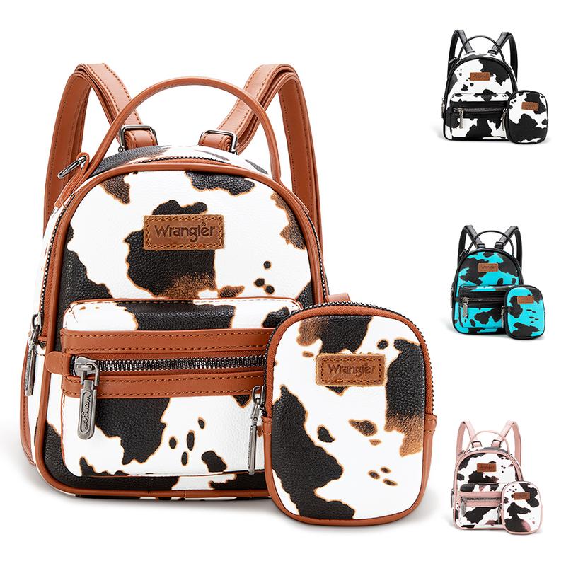 Wrangler [MegaGift] 2024 Fall New Style Moo Moo Cow Print Mini Backpack for Women with Change Purse