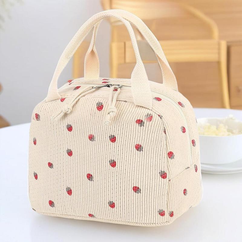 Strawberry Pattern Lunch Bag, 1 Count Reusable Lunch Tote Bag with Handle, Large Capacity Insulated Cooler Bag for Work Picnic & Travel