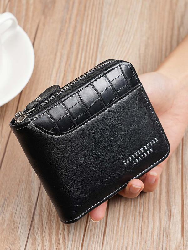 Men's Fashion Letter Design Pu Leather Zipper Short Wallet, Versatile Wallet for Men for Daily Used, Casual Trendy High-quality Daily Commuting Wallet