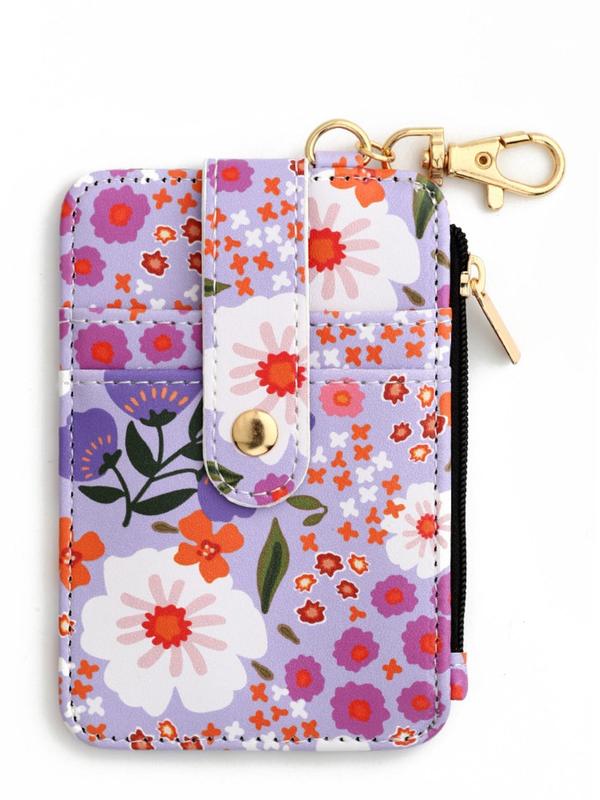 Floral Pattern Card Holder, Zipper Wallet Keychain for Women & Girls, Fashion Keychain for Daily Clothing Decor, Bag Charm Keychain for Birthday Gift