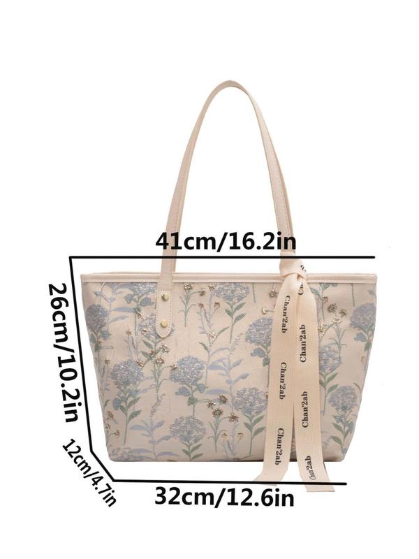 Women's Floral & Butterfly Pattern Tote Bag, Casual Large Capacity Shoulder Bag for Daily Used, Trendy All-match Bag for Commute, Work, Travel