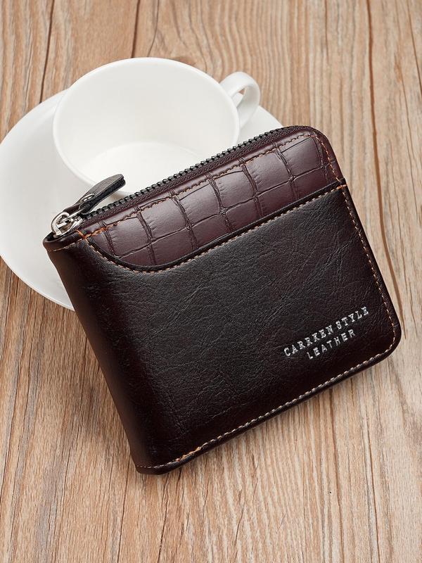 Men's Fashion Letter Design Pu Leather Zipper Short Wallet, Versatile Wallet for Men for Daily Used, Casual Trendy High-quality Daily Commuting Wallet