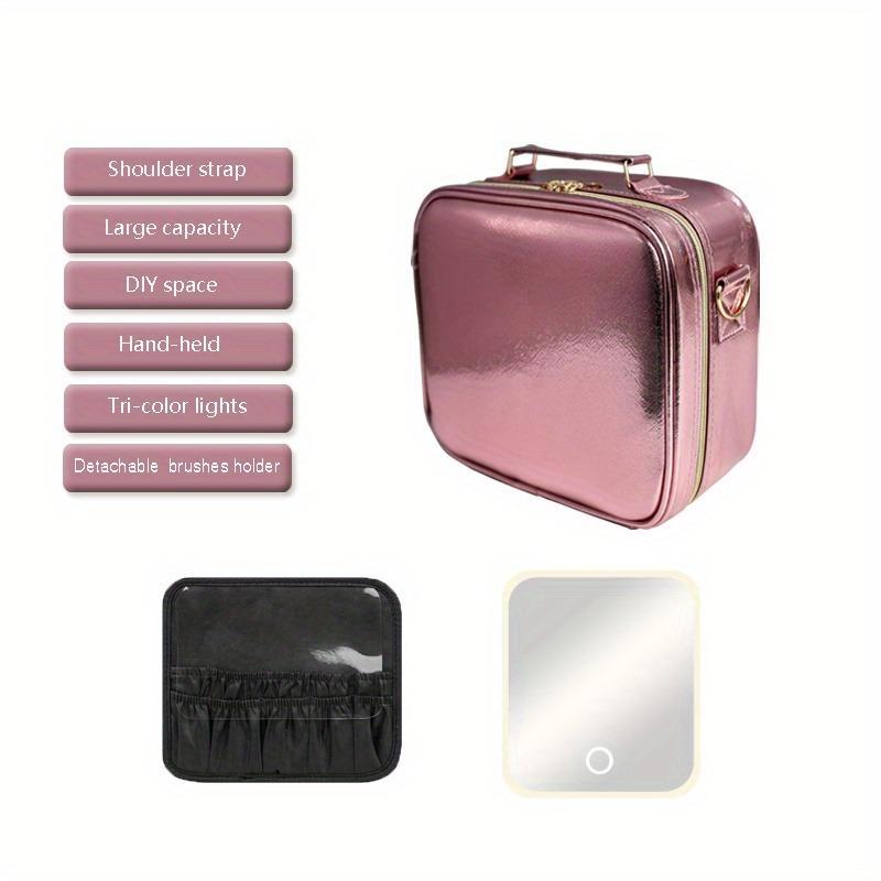 Makeup Bag with LED Mirror, Travel Makeup Case with Rechargeable Lighted Mirror 3 Color Lights, Dual Layer Cosmetic Box Makeup Brush Lipstick Holder Organizer for Women, Leather Black