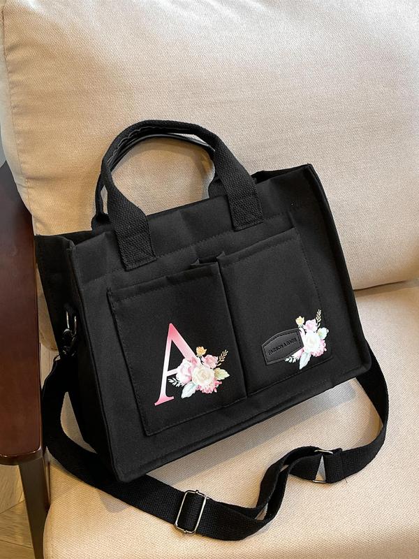 Floral & Letter Pattern Tote Bag, Fashionable Multi-pocket Shoulder Bag for Women, Casual Commuter Crossbody Bag for Work & School