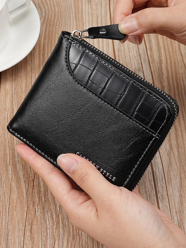 Men's Fashion Letter Design Pu Leather Zipper Short Wallet, Versatile Wallet for Men for Daily Used, Casual Trendy High-quality Daily Commuting Wallet