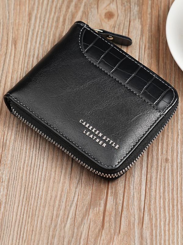Men's Fashion Letter Design Pu Leather Zipper Short Wallet, Versatile Wallet for Men for Daily Used, Casual Trendy High-quality Daily Commuting Wallet