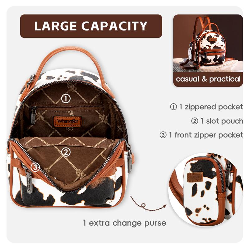 Wrangler [MegaGift] 2024 Fall New Style Moo Moo Cow Print Mini Backpack for Women with Change Purse