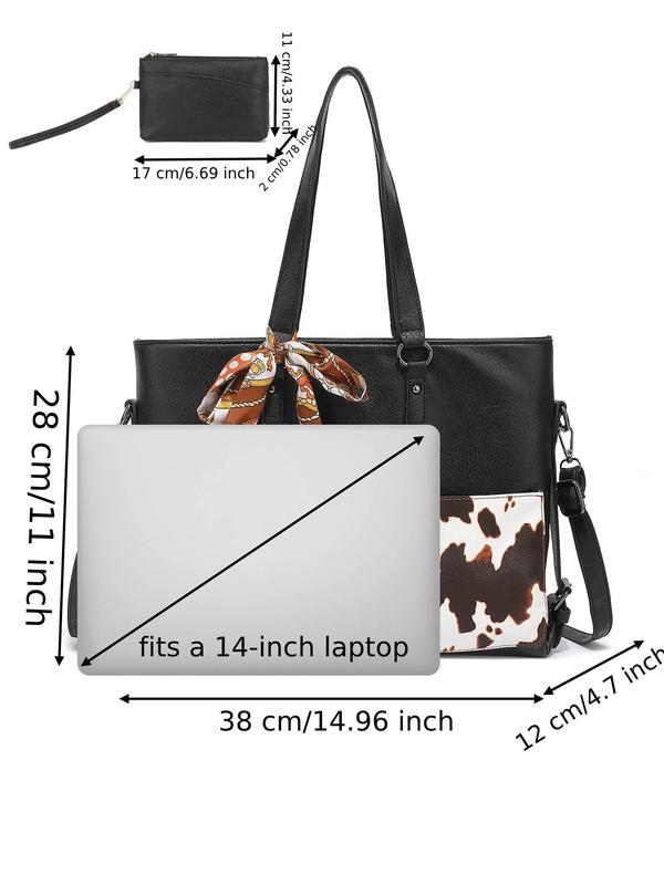 Women's Fashionable Cow Pattern Bow Decorated Tote Bag & Wallet Set, Casual Versatile Shoulder Bag & Wallet Set, Trendy High-quality Daily Commuting Bag Set