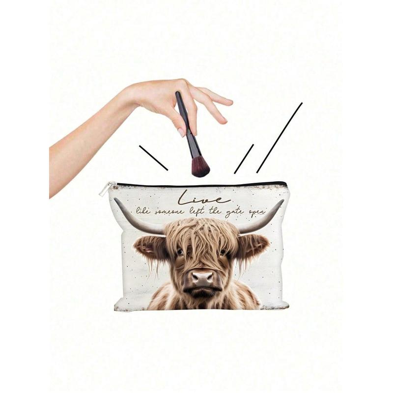 1pc Highland Cow Pattern Print Cosmetic Bag, Western Toiletry Pouch, Cowgirl Accessories, Western Gift Makeup Bag Travel School School Supplies Travel Essentials Make Up Bag Holiday Essentials Holiday Back To School Makeup Bags