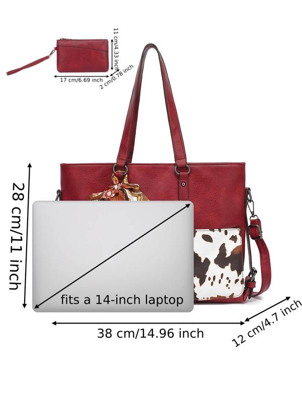 Women's Fashionable Cow Pattern Bow Decorated Tote Bag & Wallet Set, Casual Versatile Shoulder Bag & Wallet Set, Trendy High-quality Daily Commuting Bag Set