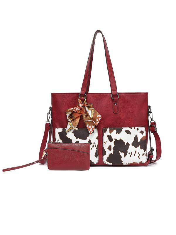 Women's Fashionable Cow Pattern Bow Decorated Tote Bag & Wallet Set, Casual Versatile Shoulder Bag & Wallet Set, Trendy High-quality Daily Commuting Bag Set