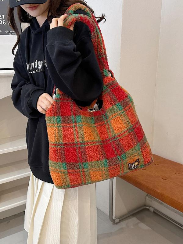 Women's Fashionable Tartan Pattern Plush Tote Bag, Casual Large Capacity Shoulder Bag for Daily Used, Trendy All-match Bag for Commuters and Students