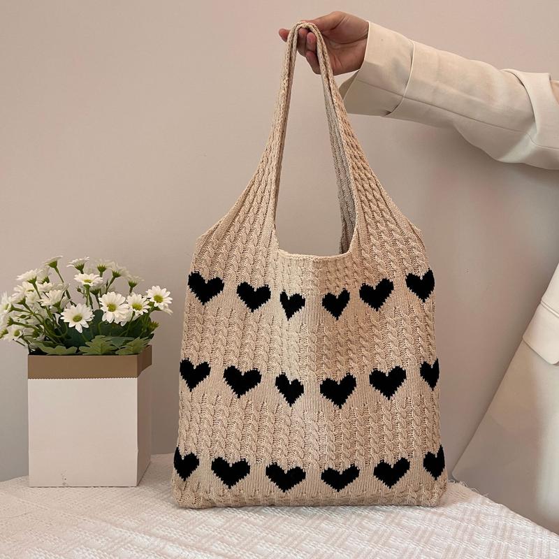 Heart Pattern Crochet Minimalist Tote Bag, Casual Large Capacity Shoulder Bag for Women, Female Trendy School Bag for Daily Wear, Office, College, Work, Commute,  Gift for her