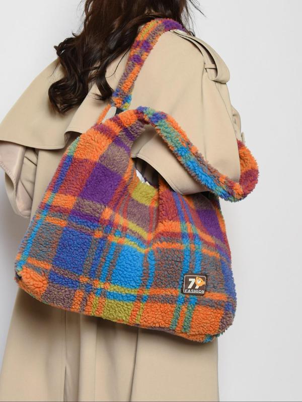 Women's Fashionable Tartan Pattern Plush Tote Bag, Casual Large Capacity Shoulder Bag for Daily Used, Trendy All-match Bag for Commuters and Students