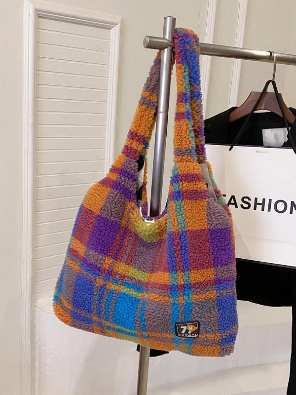 Women's Fashionable Tartan Pattern Plush Tote Bag, Casual Large Capacity Shoulder Bag for Daily Used, Trendy All-match Bag for Commuters and Students