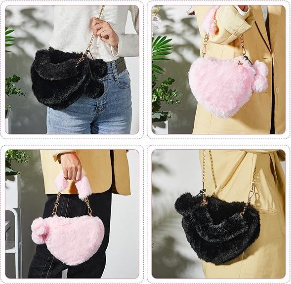 Rejolly Furry Purse for Girls Heart Shaped Fluffy Faux Fur Handbag for Women Soft Small Shoulder Bag Clutch Purse