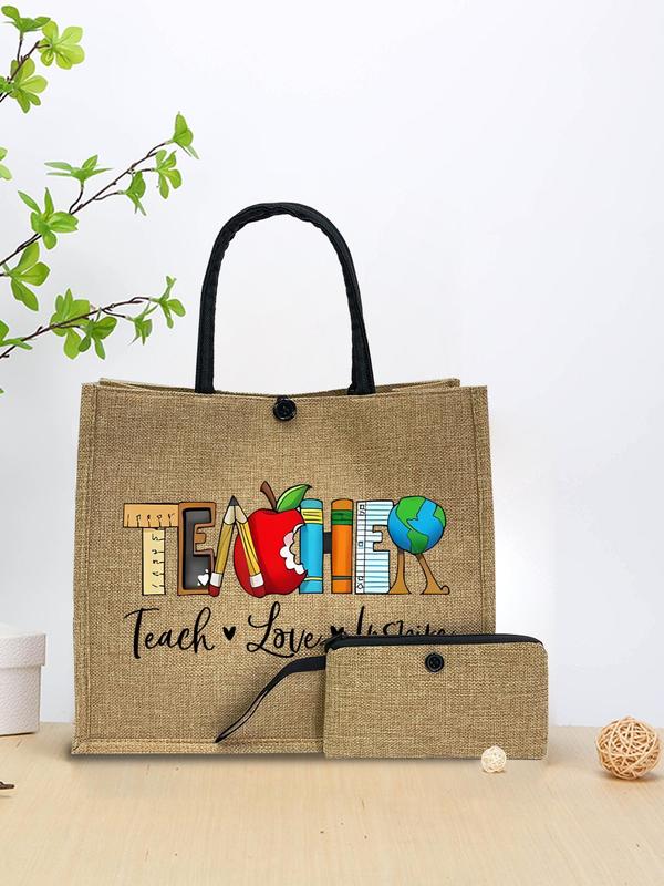 Letter & Cartoon Pattern Tote Bag, Large Capacity Shoulder Bag with Zipper Wallet for Women, Casual Trendy Versatile High-quality Daily Commuting Bag, Girl Shopping Bag