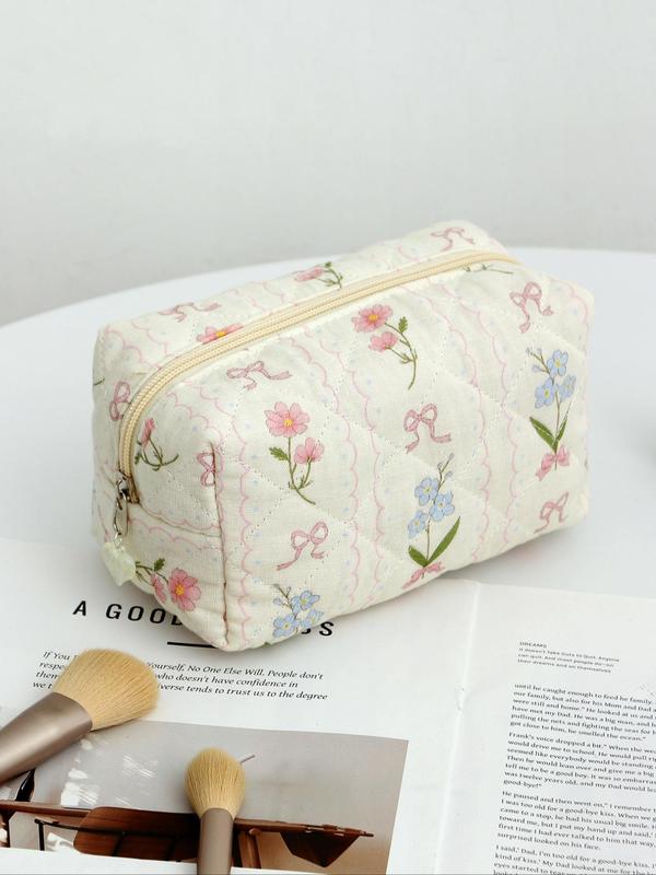 Floral Pattern Contrast Lace Makeup Bag, Multi-functional Cosmetic Storage Bag, Zipper Makeup Organizer Pouch, Versatile Storage Bag for Travel, Office, School