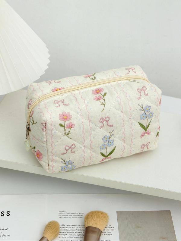 Floral Pattern Contrast Lace Makeup Bag, Multi-functional Cosmetic Storage Bag, Zipper Makeup Organizer Pouch, Versatile Storage Bag for Travel, Office, School