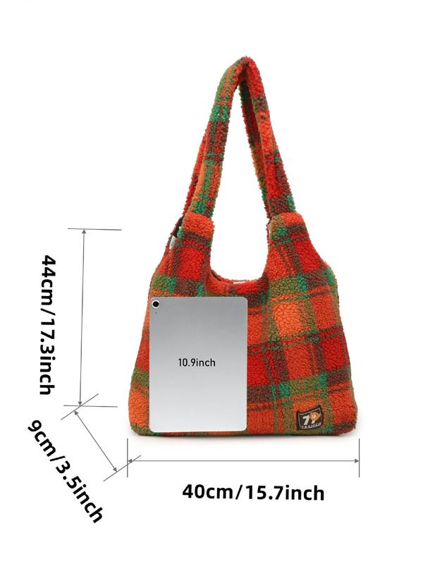 Women's Fashionable Tartan Pattern Plush Tote Bag, Casual Large Capacity Shoulder Bag for Daily Used, Trendy All-match Bag for Commuters and Students