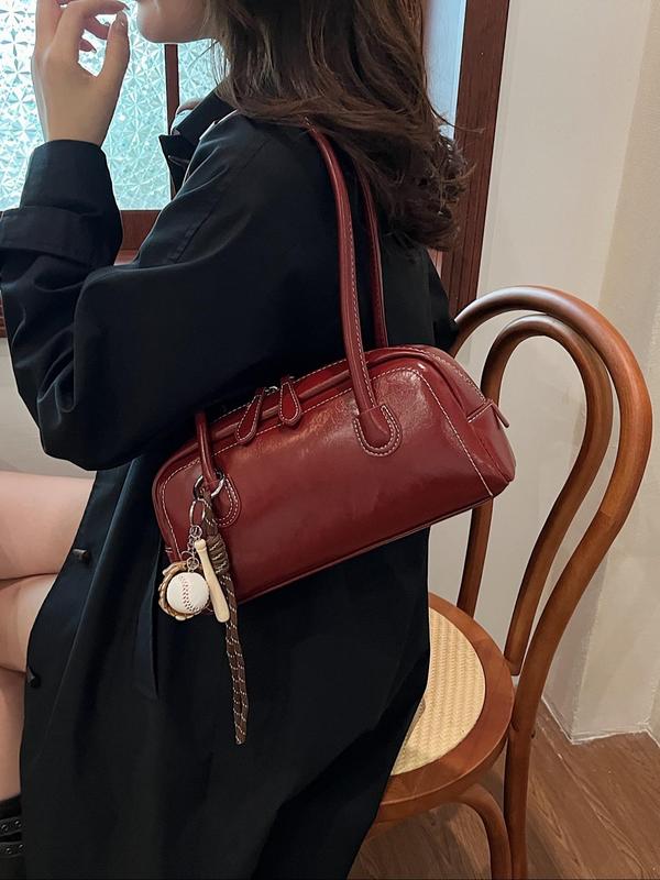 Women's Solid Color PU Leather Shoulder Bag, with Baseball Bag Charm, Fashionable Shoulder Clutch Bag for Daily Used, Casual Trendy Versatile High-quality Daily Commuting Bag