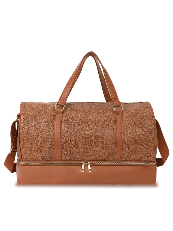 Vintage Textured Travel Duffel Bag, Large Capacity Weekender Bag with Adjustable Strap & Top Handle, Stylish PU Weekender Bag for Men and Women