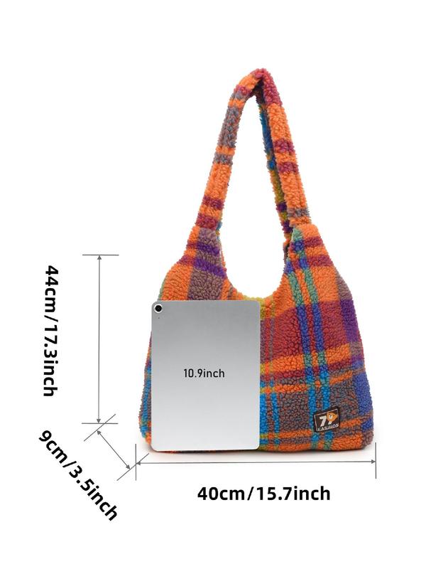 Women's Fashionable Tartan Pattern Plush Tote Bag, Casual Large Capacity Shoulder Bag for Daily Used, Trendy All-match Bag for Commuters and Students