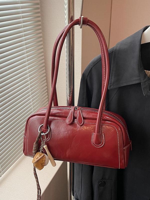 Women's Solid Color PU Leather Shoulder Bag, with Baseball Bag Charm, Fashionable Shoulder Clutch Bag for Daily Used, Casual Trendy Versatile High-quality Daily Commuting Bag