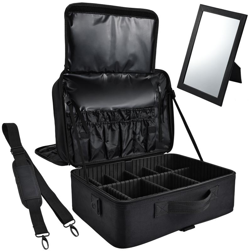 Joligrace Extra Large Makeup Case with Mirror 3 Layers Makeup Train Case Professional Makeup Organizer Box for MUA Travel Nail Cases Bag with Adjustable Dividers Shoulder Strap Trolley Sleeve